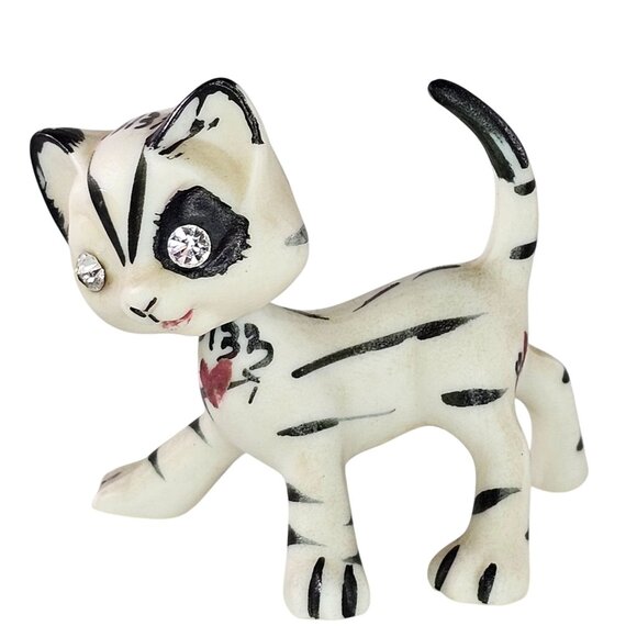 Striped Ceramic Cat Bobble Head Nodder Figurine Rhinestone Eyes Signed Numbered - Picture 1 of 9